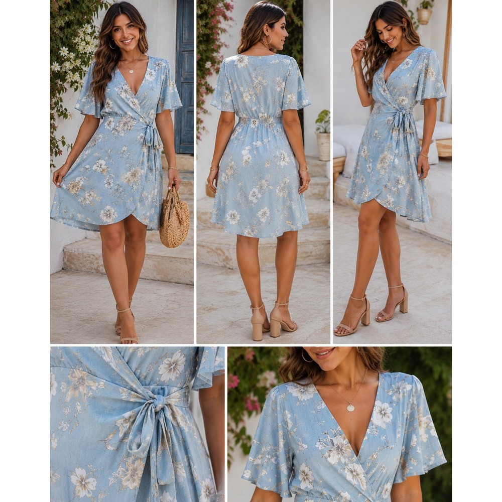 Sugarfox‎ Wrap Dress Women M Floral Flutter Sleeve Blue Cottagecore Boho